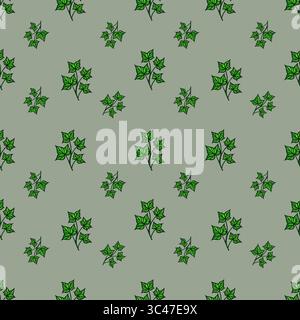 A vector seamless pattern featuring green ivy leaves on a muted green background. The leaves are illustrated with varying shades of green, creating a Stock Vector