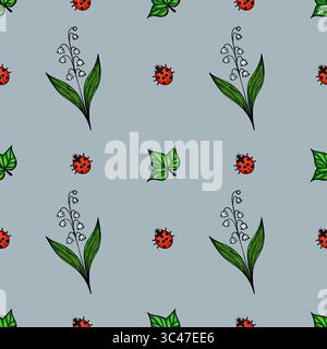 A vector seamless pattern featuring green leaves, white bell-shaped flowers, and red ladybugs on a lightblue background. Stock Vector
