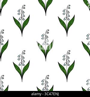 A vector seamless pattern featuring delicate lily of the valley flowers with green leaves on a white background. Stock Vector