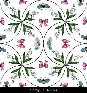 A vector seamless pattern featuring bees, flowers, and bows. The design includes colorful bees, pink bows, and green leaves arranged in a symmetrical Stock Vector