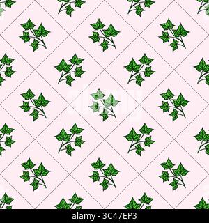 A vector seamless pattern featuring green ivy leaves on a light pink background, arranged in a diamond layout. Stock Vector