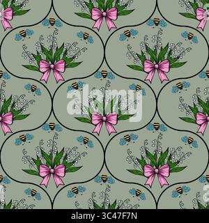A repeating pattern featuring bouquets of flowers with pink bows, surrounded by bees and butterflies, set against a muted green background. Stock Vector