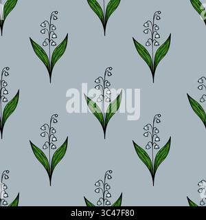 A vector seamless pattern featuring delicate lily of the valley flowers with green leaves on a soft blue background. Stock Vector