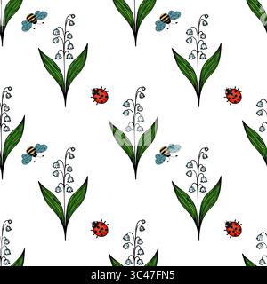 A vector seamless pattern featuring stylized flowers, bees, and ladybugs. The design includes green leaves, white lily of the valley flowers, blue bee Stock Vector