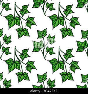 A vector seamless pattern featuring green ivy leaves on a white background. The leaves are detailed with varying shapes and sizes, creating a natural Stock Vector