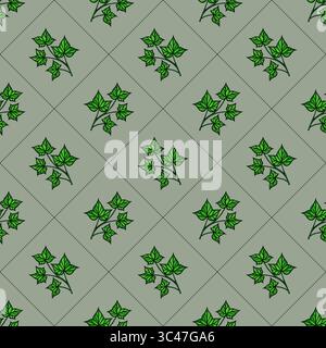 A vector seamless pattern featuring green ivy leaves on a muted green background. The design is repetitive, showcasing various arrangements of the lea Stock Vector