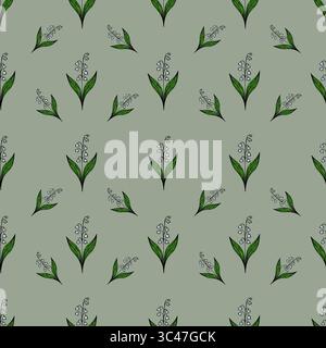 A vector seamless pattern featuring delicate lily of the valley flowers with green leaves on a pastel green background. Stock Vector