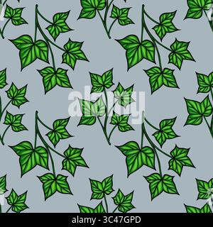A vector seamless pattern featuring various green ivy leaves on a lightblue background. The leaves are illustrated with fine outlines, showcasing thei Stock Vector