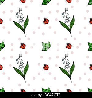 A vector seamless pattern featuring ladybugs, green leaves, and white flowers on a light background with polka dots. Stock Vector
