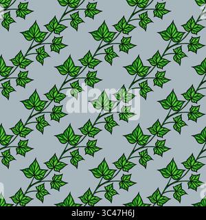 A vector seamless pattern featuring green ivy leaves on a lightblue background. The design showcases various sizes and orientations of the leaves, cre Stock Vector