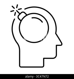 Head with a bomb line icon. Migraine. Stress, burnout and headache concept. Emotional overload in modern life and work environments. Mental distress Stock Vector