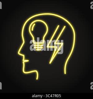 ADHD neon line icon. Head with light bulb and lightning. Attention deficit hyperactivity disorder symbol. Vector illustration Stock Vector