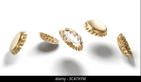 golden bottle caps on white background 3d Stock Photo