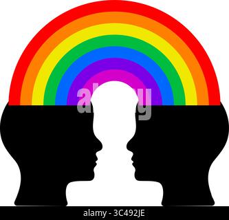Connected Minds Rainbow. Symbol of Unity, Communication and Shared Thinking. Vector illustration of two black human head silhouettes facing each other Stock Vector