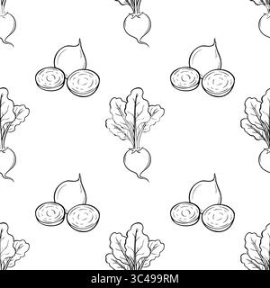 A vector seamless pattern featuring hand-drawn illustrations of radishes and beets on a white background. The design showcases the vegetables in vario Stock Vector