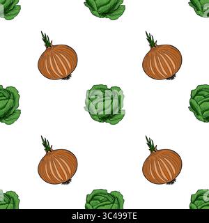 A vector seamless pattern featuring illustrated onions and cabbages on a white background. The onions are brown with green sprouts, while the cabbages Stock Vector
