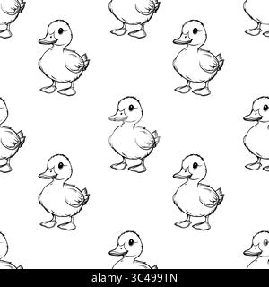 A vector seamless pattern featuring cute, hand-drawn ducklings in a simple black and white style. The ducklings are depicted in various poses, creatin Stock Vector