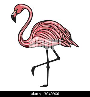 A vector stylized illustration of a flamingo standing on one leg, featuring vibrant pink feathers and a black outline. Stock Vector