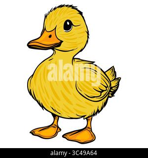 A cute vector, cartoon-style yellow duckling with a round body, fluffy feathers, and a cheerful expression. The duckling stands upright with its wings Stock Vector