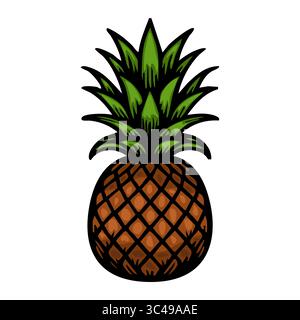 A vector stylized illustration of a pineapple with a textured brown body and vibrant green leaves on top. Stock Vector