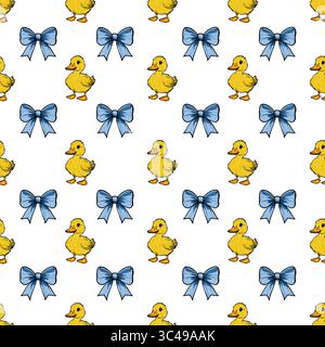 A vector repeating pattern featuring cute yellow ducks and blue bows on a white background. The ducks are cartoonish and cheerful, while the bows add Stock Vector