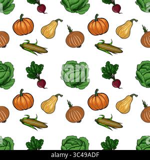 A vector seamless pattern featuring various vegetables including pumpkins, squash, onions, corn, radishes, and cabbage on a white background. Stock Vector