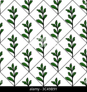 A vector seamless pattern featuring green leaves arranged in a diamond grid on a white background. The leaves are illustrated with fine details and ou Stock Vector