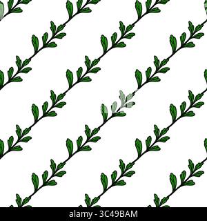 A vector seamless pattern featuring green leaves on thin black branches, arranged diagonally on a white background. Stock Vector