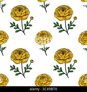 A vector seamless pattern featuring yellow ranunculus flowers with green leaves on a white background. Stock Vector