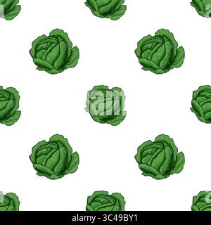 A vector seamless pattern featuring hand-drawn green cabbages on a white background. The cabbages are illustrated with detailed leaves and a realistic Stock Vector