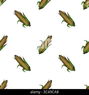 A vector seamless pattern featuring illustrations of corn on the cob, with green husks and yellow kernels, set against a white background. Stock Vector