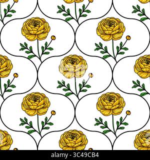 A vector seamless floral pattern featuring yellow roses with green leaves on a white background. The design is structured in a repeating grid format, Stock Vector