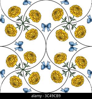 A vector seamless pattern featuring yellow roses and blue bows on a white background. The design is symmetrical, with roses arranged in a circular pat Stock Vector