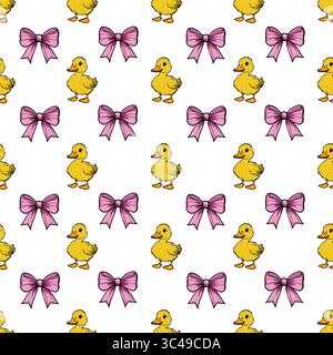 A vector repeating pattern featuring cute yellow ducklings and pink bows on a white background. Stock Vector