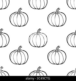 A vector seamless pattern featuring hand-drawn outline pumpkins on a white background. The pumpkins are depicted in various sizes and orientations, cr Stock Vector
