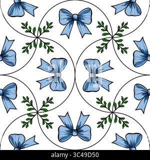 A vector seamless pattern featuring blue bows and green foliage on a white background. The design is elegant and suitable for various decorative purpo Stock Vector