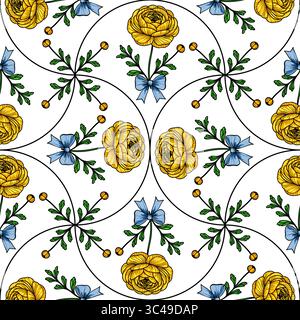 A vector seamless floral pattern featuring yellow roses, green leaves, and blue bows on a white background. The design is intricate and symmetrical, i Stock Vector