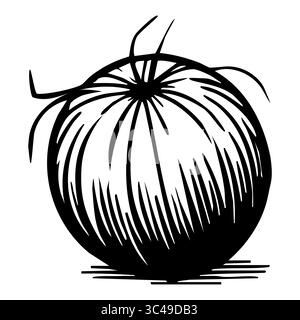 A vector stylized black and white illustration of a round tomato with a textured surface and green stems on top. Stock Vector