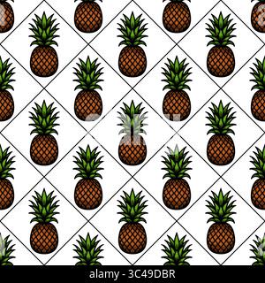 A vector seamless pattern featuring stylized pineapples arranged in a diamond grid on a white background. Each pineapple is detailed with green leaves Stock Vector