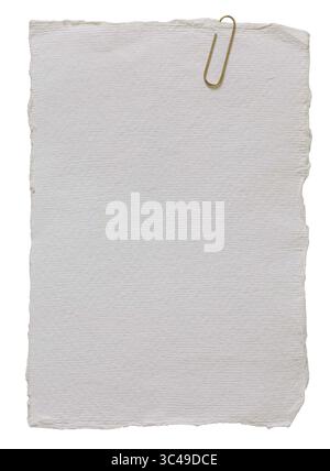 Empty note paper, wedding mockup with golden paper clip. Message reminder A6 card template isolated on transparent background. White grunge ripped Stock Photo