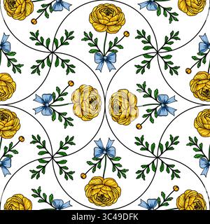 A vector seamless floral pattern featuring yellow roses, green leaves, and blue bows on a white background. The design is intricate and symmetrical, i Stock Vector