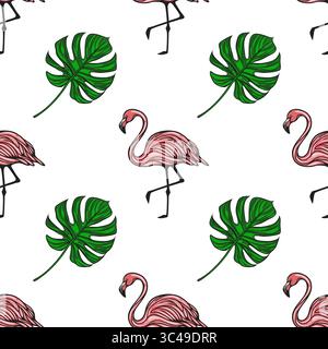 A vector seamless pattern featuring pink flamingos and large green monstera leaves on a white background. The design is vibrant and tropical, ideal fo Stock Vector
