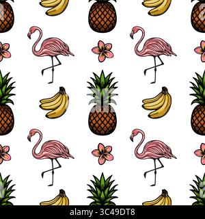 A vector vibrant tropical pattern featuring pink flamingos, bananas, pineapples, and plumeria on a white background. Stock Vector