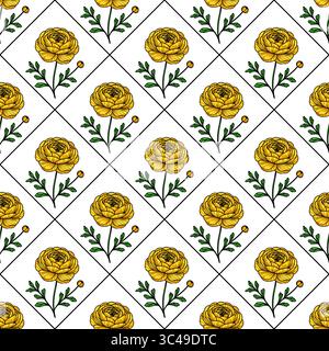 A vector seamless pattern featuring yellow flowers with green leaves on a white background, arranged in a diamond grid layout. Stock Vector