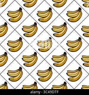 A vector seamless pattern featuring hand-drawn bananas arranged in a grid on a white background. The bananas are bright yellow with a slight shadow, g Stock Vector
