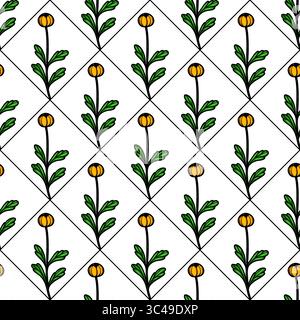 A vector seamless pattern featuring stylized flowers with yellow buds and green leaves arranged in a diamond grid on a white background. Stock Vector