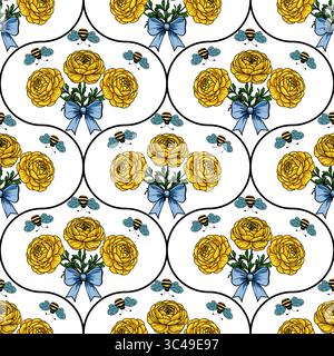 A vector seamless floral pattern featuring yellow roses, green leaves, and blue bows, with small blue butterflies scattered throughout. The design is Stock Vector