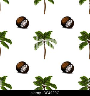 A vector seamless pattern featuring coconut halves and palm trees on a white background. The coconuts are brown with white flesh, while the palm trees Stock Vector