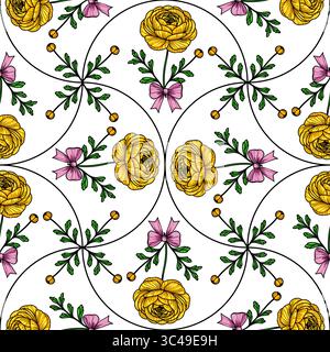 A vector seamless floral pattern featuring yellow roses, pink bows, and green leaves on a white background. The design is intricate and symmetrical, i Stock Vector
