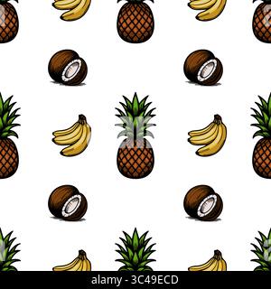 A vector seamless pattern featuring pineapples, bananas, and coconuts on a white background. The fruits are illustrated in a playful, cartoonish style Stock Vector